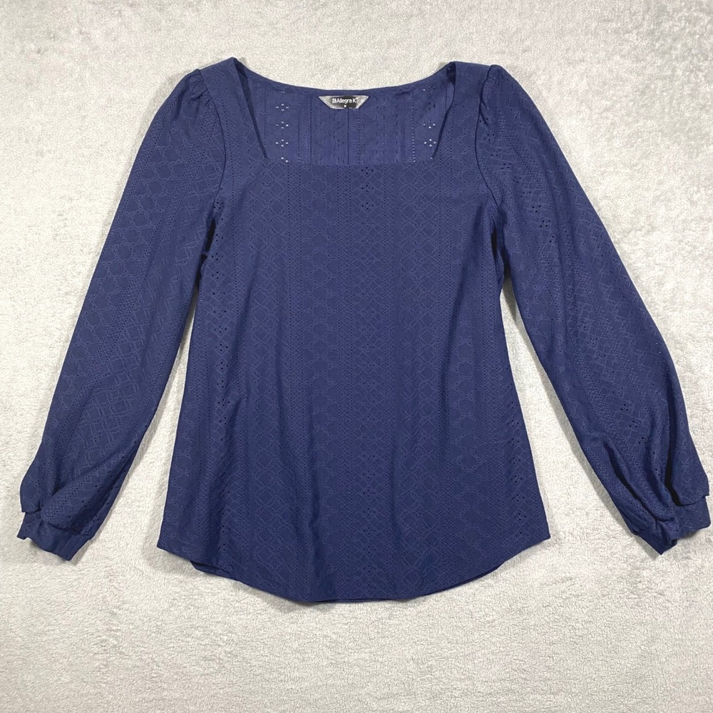 Allegra K Blouse Women Medium Navy Blue Square Neck Eyelet Puff Sleeve Top